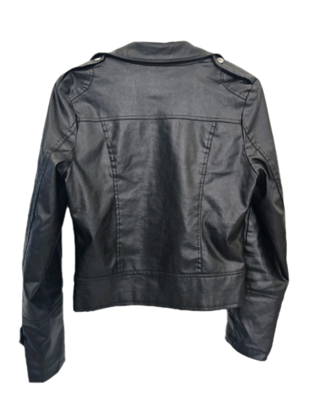 Women’s Black Faux Leather Moto Jacket Cropped Biker Zip Up Punk Rock Size S - Picture 9 of 16